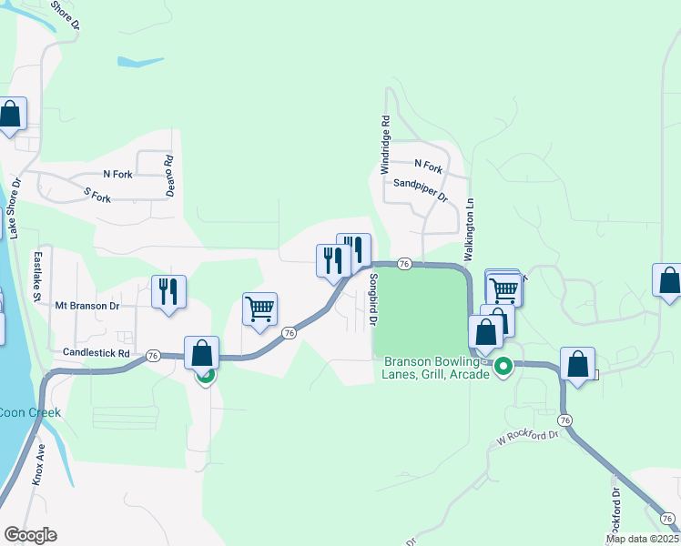 map of restaurants, bars, coffee shops, grocery stores, and more near 1481 Missouri 76 in Branson