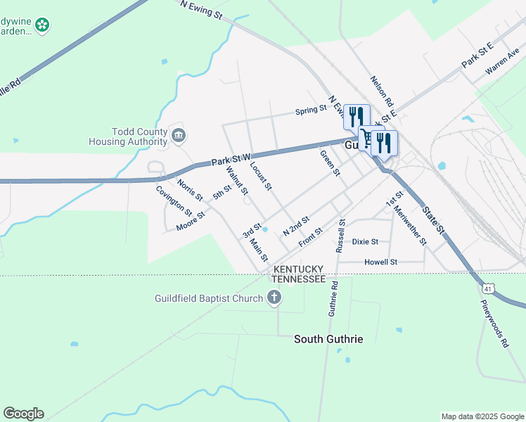 map of restaurants, bars, coffee shops, grocery stores, and more near 256 Walnut Street in Guthrie