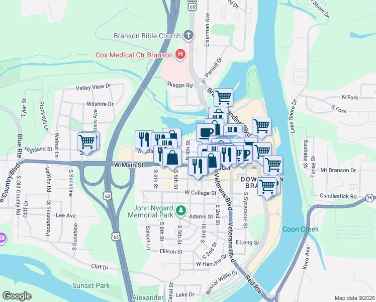 map of restaurants, bars, coffee shops, grocery stores, and more near 218 North 4th Street in Branson