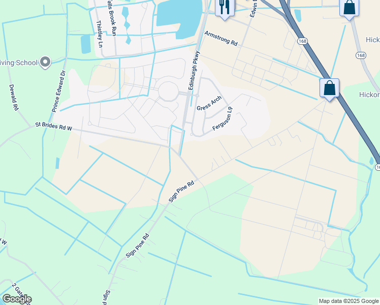map of restaurants, bars, coffee shops, grocery stores, and more near 1900 Saint Brides Road West in Chesapeake