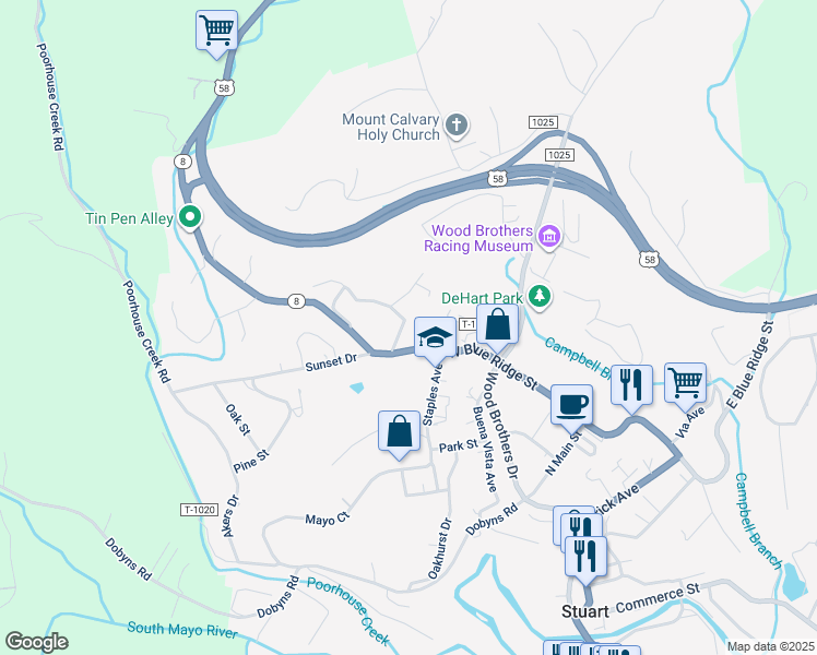 map of restaurants, bars, coffee shops, grocery stores, and more near 104 Mountain View Heights in Stuart