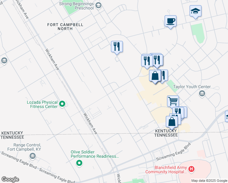 map of restaurants, bars, coffee shops, grocery stores, and more near 35th Street in Fort Campbell