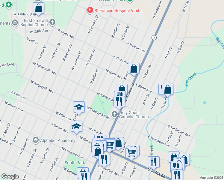 map of restaurants, bars, coffee shops, grocery stores, and more near 421 North Scraper Street in Vinita