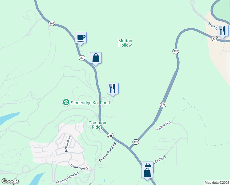 map of restaurants, bars, coffee shops, grocery stores, and more near 3158 Missouri 265 in Branson
