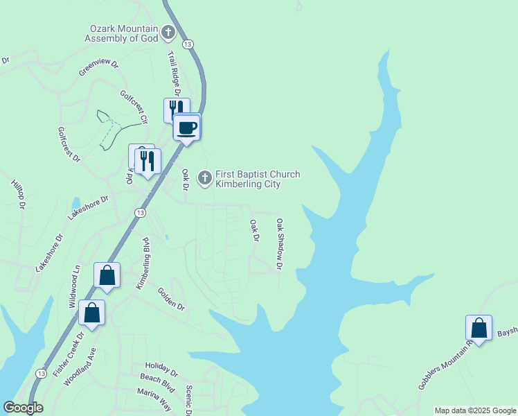 map of restaurants, bars, coffee shops, grocery stores, and more near 7 Oak Shadow Drive in Kimberling City
