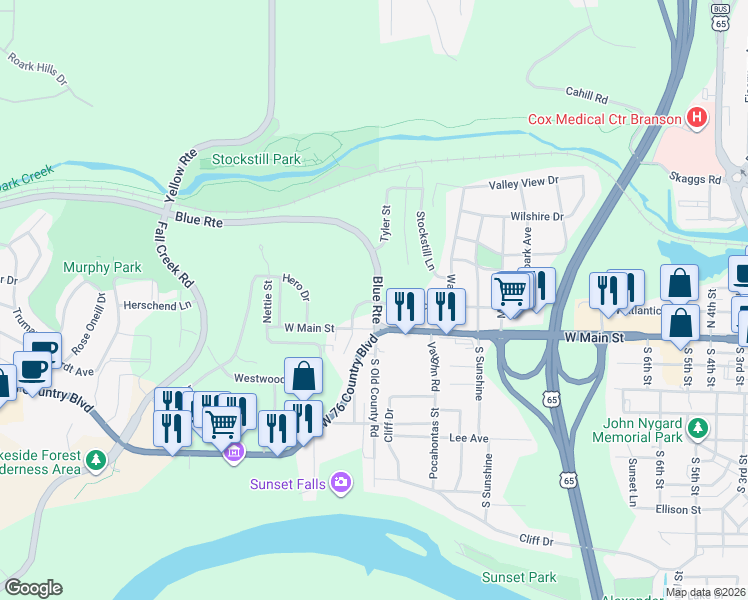 map of restaurants, bars, coffee shops, grocery stores, and more near in Branson