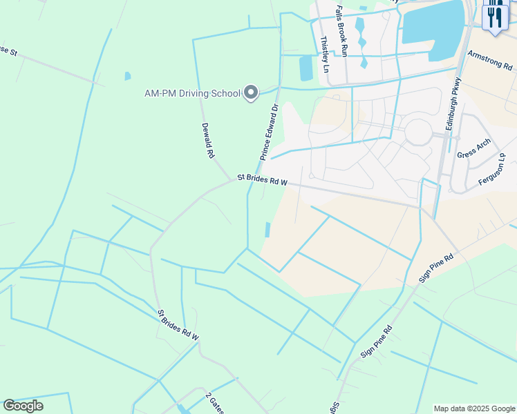 map of restaurants, bars, coffee shops, grocery stores, and more near 2525 Saint Brides Road West in Chesapeake
