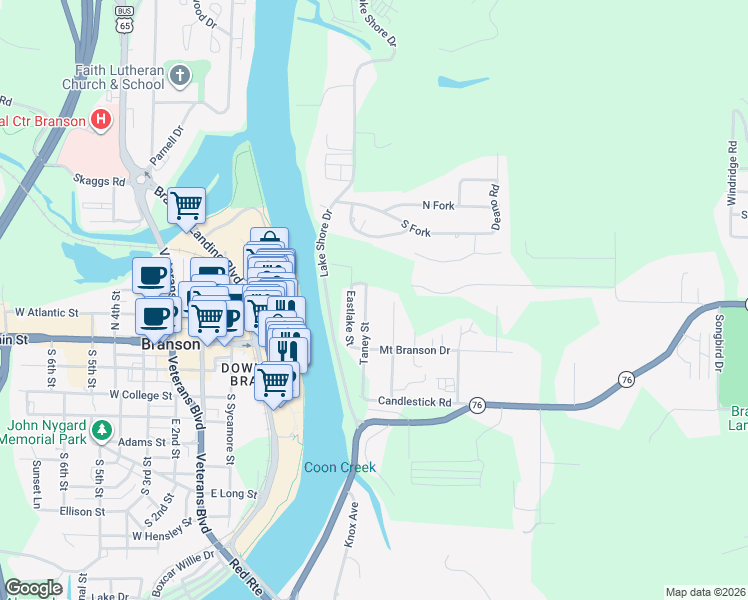 map of restaurants, bars, coffee shops, grocery stores, and more near 295 Taney Street in Branson