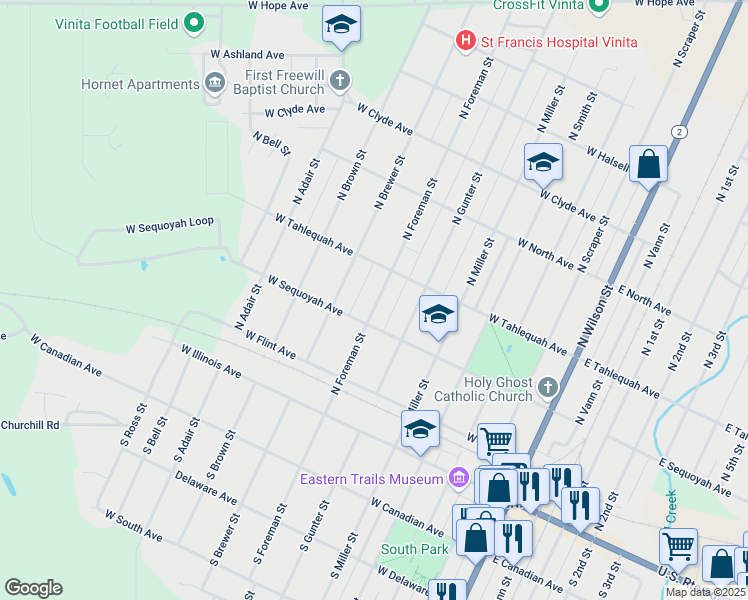 map of restaurants, bars, coffee shops, grocery stores, and more near 628 West Sequoyah Avenue in Vinita