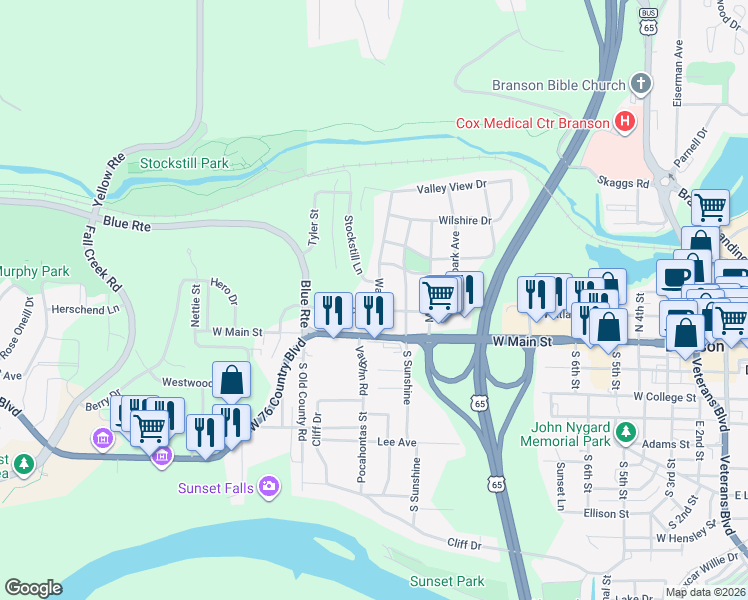 map of restaurants, bars, coffee shops, grocery stores, and more near 1016 Highland Street in Branson