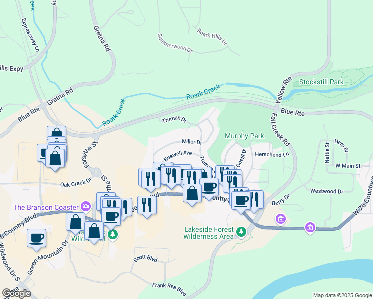 map of restaurants, bars, coffee shops, grocery stores, and more near 1803 Neihardt Avenue in Branson