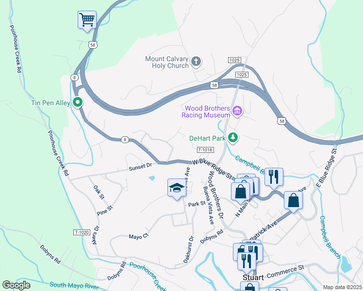 map of restaurants, bars, coffee shops, grocery stores, and more near 104 Mountain View Heights in Stuart