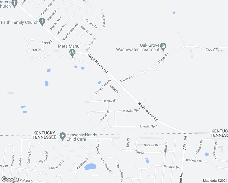 map of restaurants, bars, coffee shops, grocery stores, and more near 1206 Carol Drive in Oak Grove