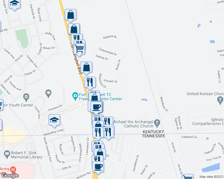 map of restaurants, bars, coffee shops, grocery stores, and more near 233 Waterford Drive in Oak Grove