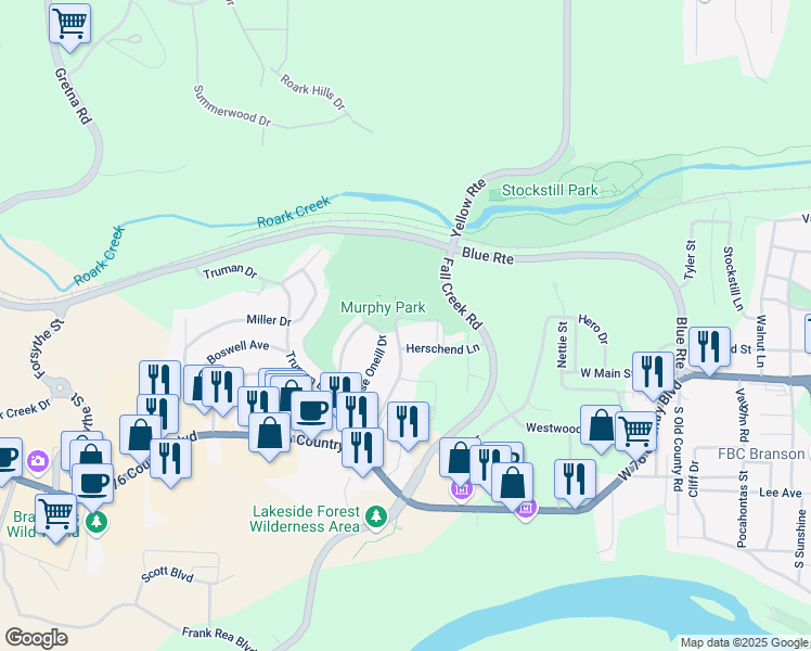 map of restaurants, bars, coffee shops, grocery stores, and more near 499 Neihardt Avenue in Branson