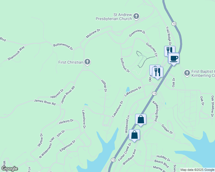 map of restaurants, bars, coffee shops, grocery stores, and more near 35 Hilltop Drive in Kimberling City