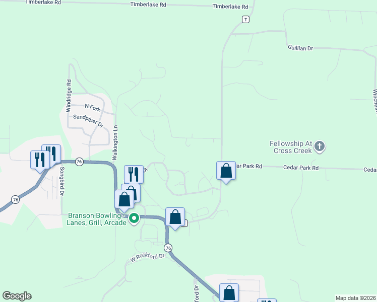 map of restaurants, bars, coffee shops, grocery stores, and more near 193 Honeybee Drive in Branson