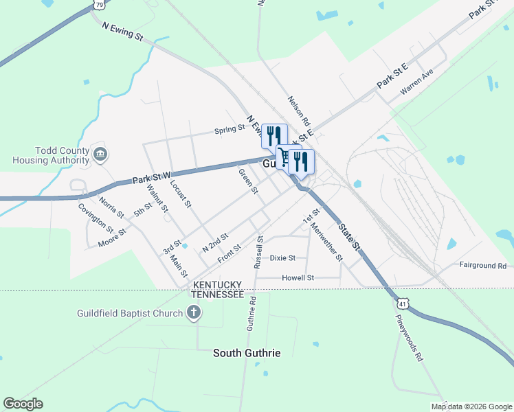 map of restaurants, bars, coffee shops, grocery stores, and more near 312 North 2nd Street in Guthrie