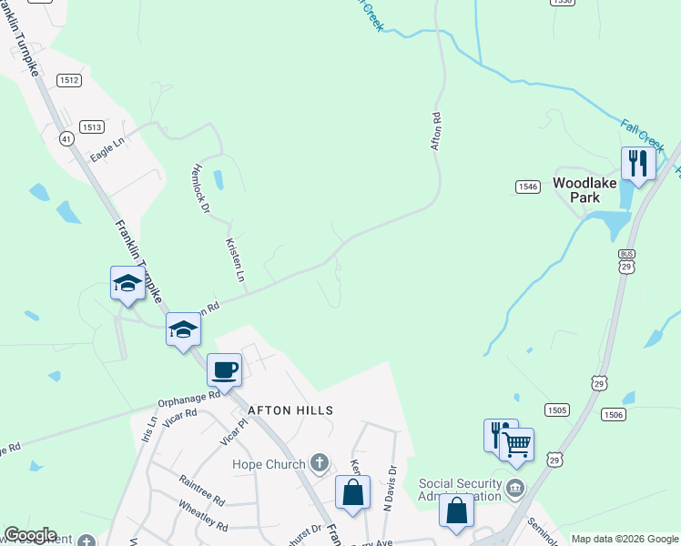 map of restaurants, bars, coffee shops, grocery stores, and more near 2265 Afton Road in Danville