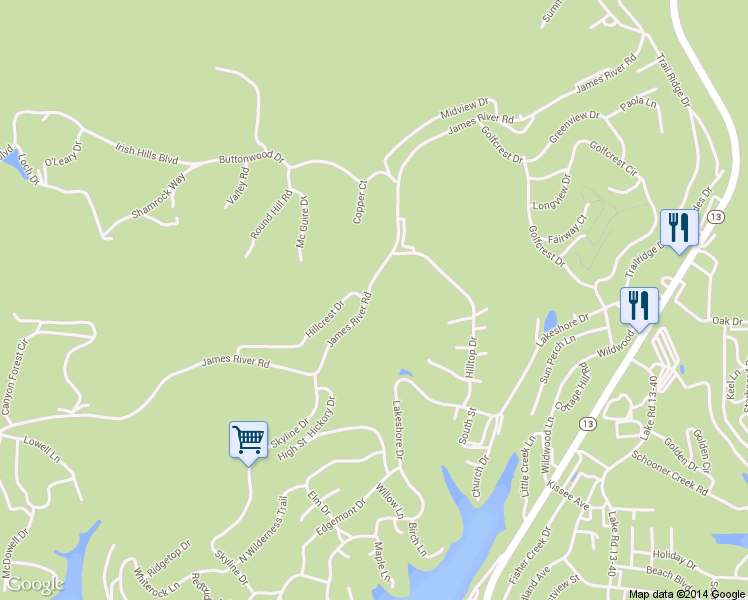 map of restaurants, bars, coffee shops, grocery stores, and more near 109 James River Road in Kimberling City