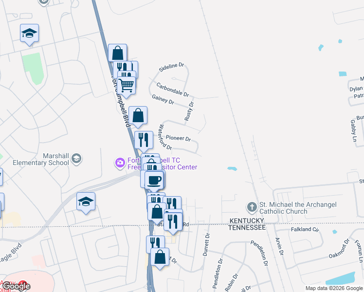 map of restaurants, bars, coffee shops, grocery stores, and more near 232 Waterford Drive in Oak Grove