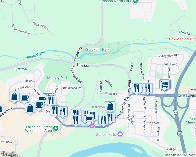 map of restaurants, bars, coffee shops, grocery stores, and more near 1205 Berry Drive in Branson
