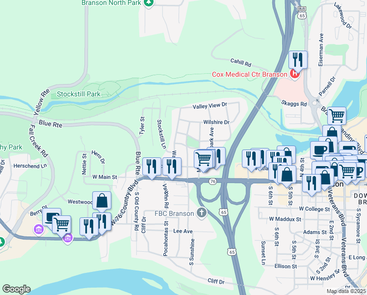 map of restaurants, bars, coffee shops, grocery stores, and more near 910 West Oklahoma Street in Branson