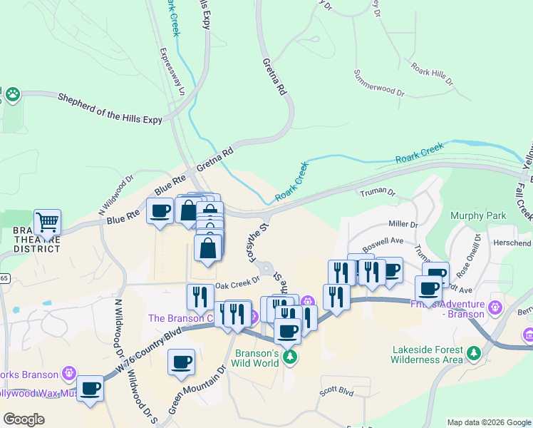 map of restaurants, bars, coffee shops, grocery stores, and more near 2160 Roark Valley Road in Branson