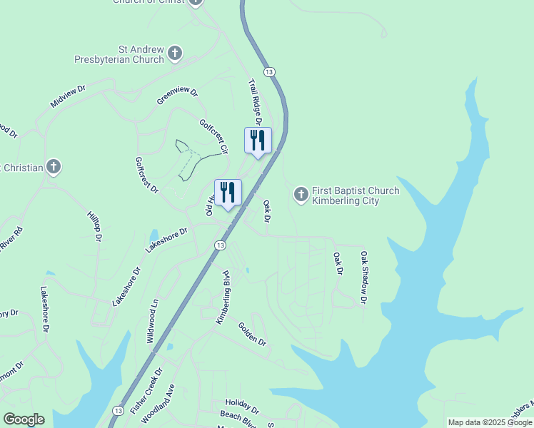 map of restaurants, bars, coffee shops, grocery stores, and more near 83 Oak Drive in Kimberling City