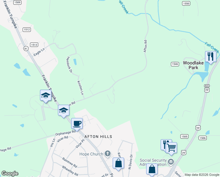map of restaurants, bars, coffee shops, grocery stores, and more near 2265 Afton Road in Danville