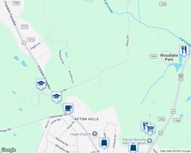 map of restaurants, bars, coffee shops, grocery stores, and more near 2265 Afton Road in Danville