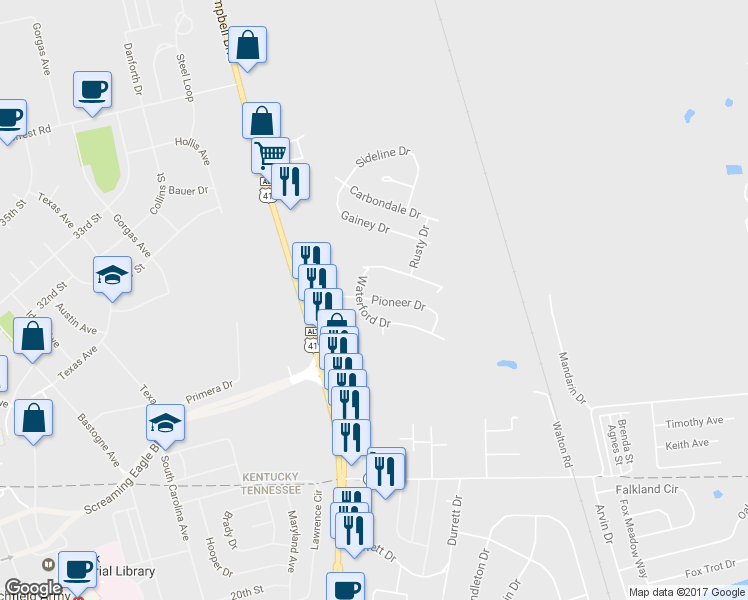 map of restaurants, bars, coffee shops, grocery stores, and more near Pioneer Drive in Oak Grove