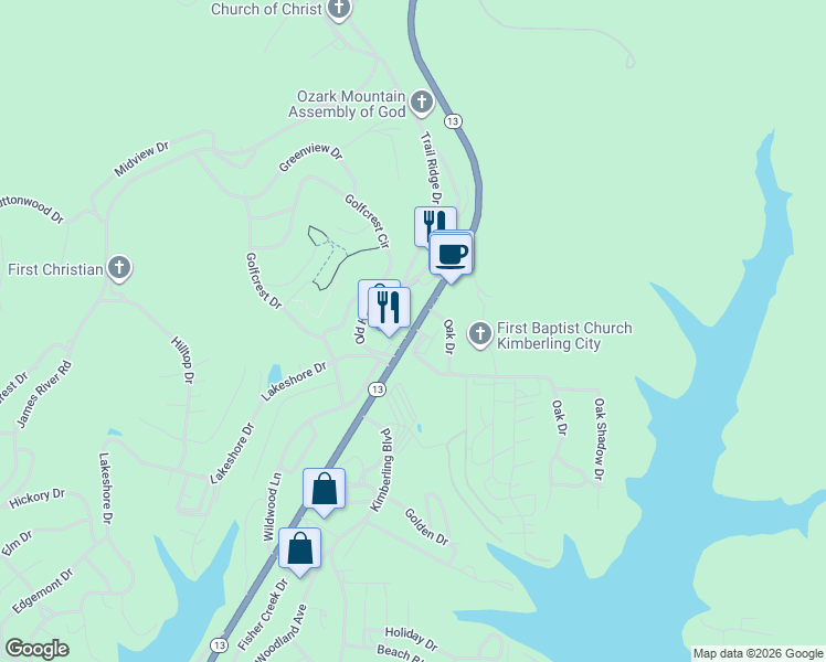 map of restaurants, bars, coffee shops, grocery stores, and more near 83-115 Oak Drive in Kimberling City