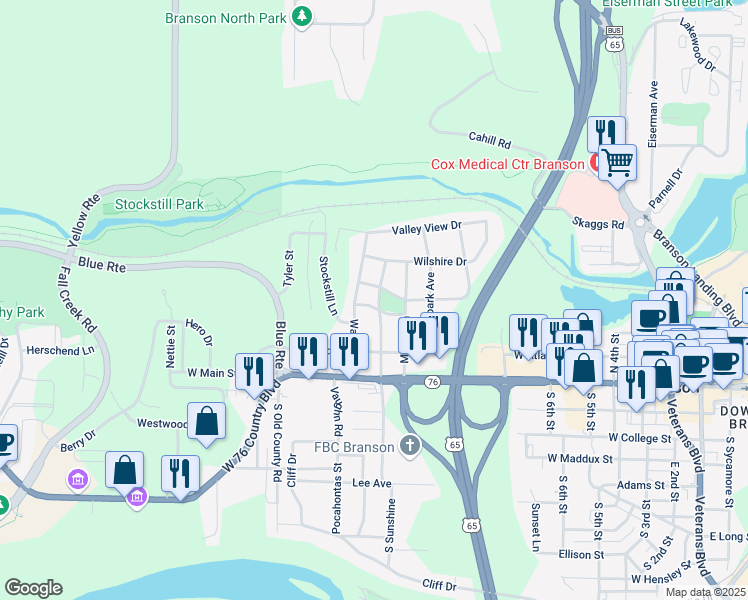 map of restaurants, bars, coffee shops, grocery stores, and more near 910 West Oklahoma Street in Branson