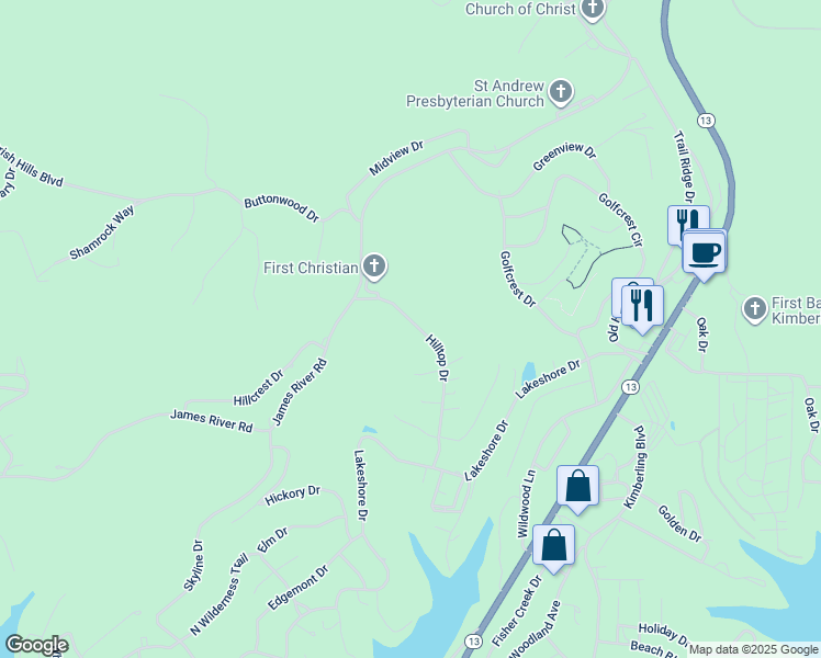map of restaurants, bars, coffee shops, grocery stores, and more near 16 Hilltop Drive in Kimberling City