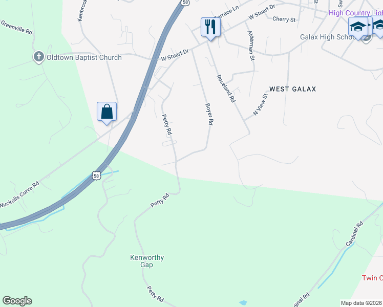 map of restaurants, bars, coffee shops, grocery stores, and more near 200 Boyer Road in Galax