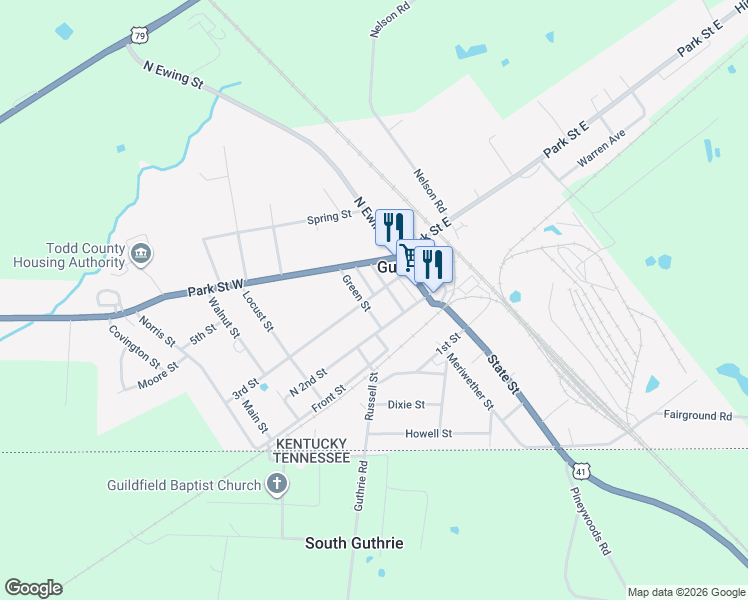 map of restaurants, bars, coffee shops, grocery stores, and more near 312 North 2nd Street in Guthrie