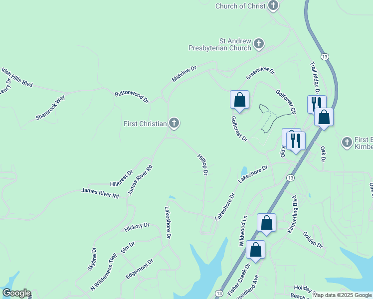 map of restaurants, bars, coffee shops, grocery stores, and more near 16-60 Hilltop Dr in Kimberling City