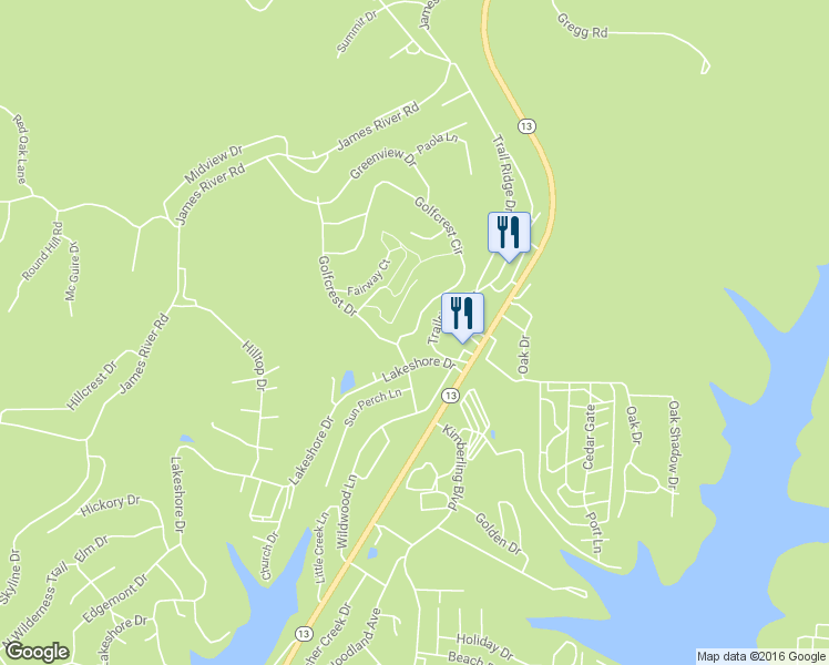map of restaurants, bars, coffee shops, grocery stores, and more near 5 Golfcrest Circle in Kimberling City