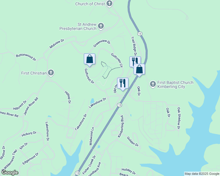 map of restaurants, bars, coffee shops, grocery stores, and more near 5 Golfcrest Circle in Kimberling City