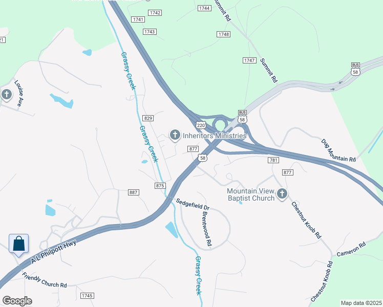 map of restaurants, bars, coffee shops, grocery stores, and more near 745 Piney Forest Drive in Martinsville