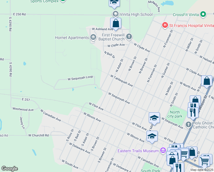 map of restaurants, bars, coffee shops, grocery stores, and more near 339 North Adair Street in Vinita