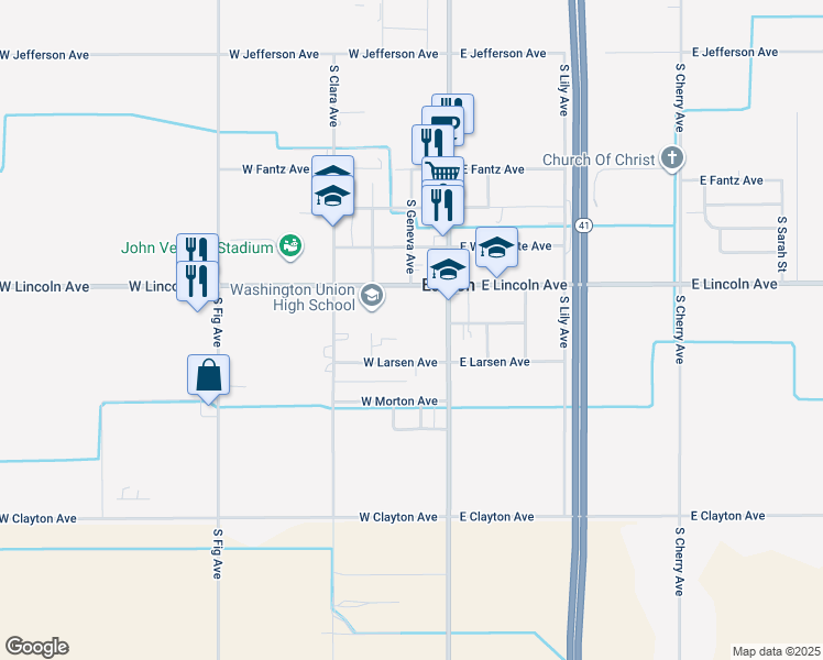 map of restaurants, bars, coffee shops, grocery stores, and more near 6041 South Elm Avenue in Fresno