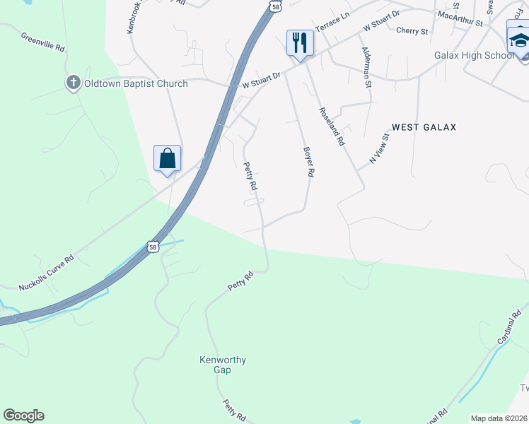 map of restaurants, bars, coffee shops, grocery stores, and more near 132-134 Petty Road in Galax