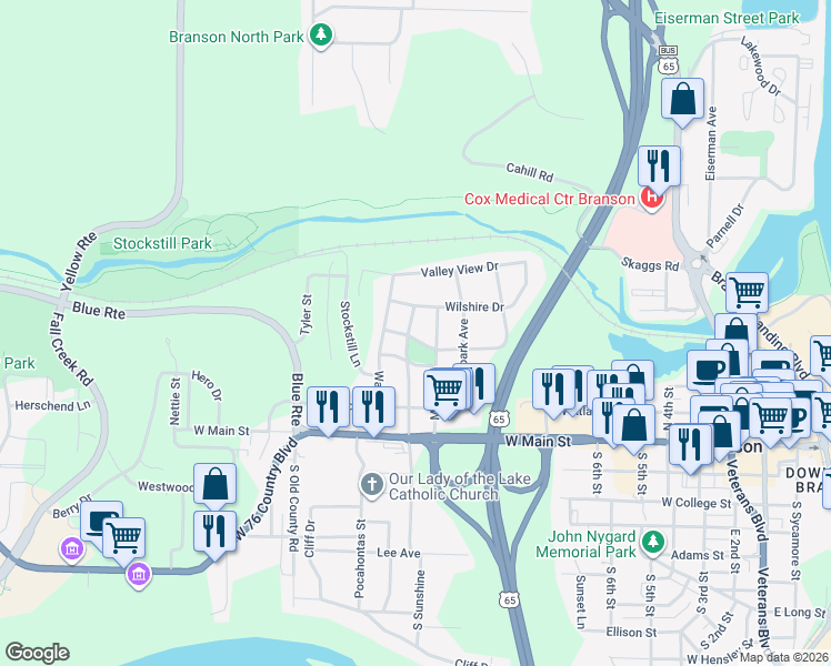 map of restaurants, bars, coffee shops, grocery stores, and more near 915 Mockingbird Lane in Branson