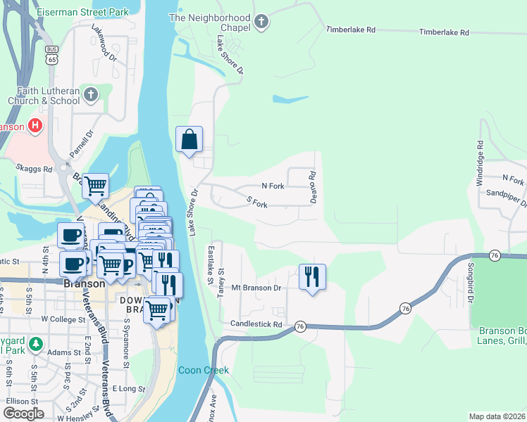 map of restaurants, bars, coffee shops, grocery stores, and more near 338 South Fork in Branson