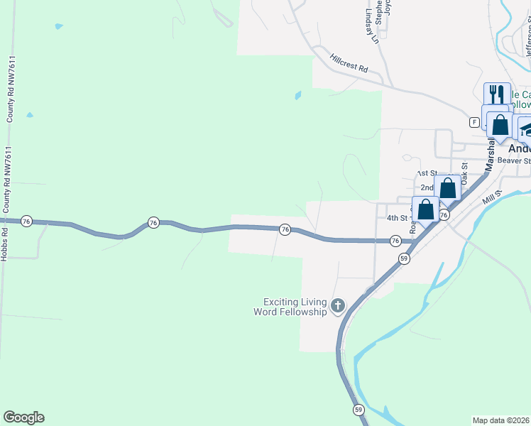 map of restaurants, bars, coffee shops, grocery stores, and more near 715 Missouri 76 in Anderson