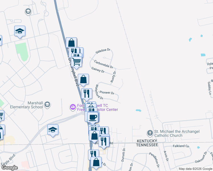 map of restaurants, bars, coffee shops, grocery stores, and more near 127 Waterford Drive in Oak Grove