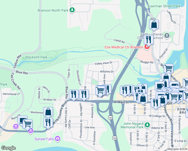 map of restaurants, bars, coffee shops, grocery stores, and more near 308 North Sunshine in Branson
