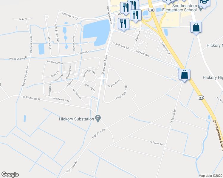 map of restaurants, bars, coffee shops, grocery stores, and more near 1900 Saint Brides Road West in Chesapeake